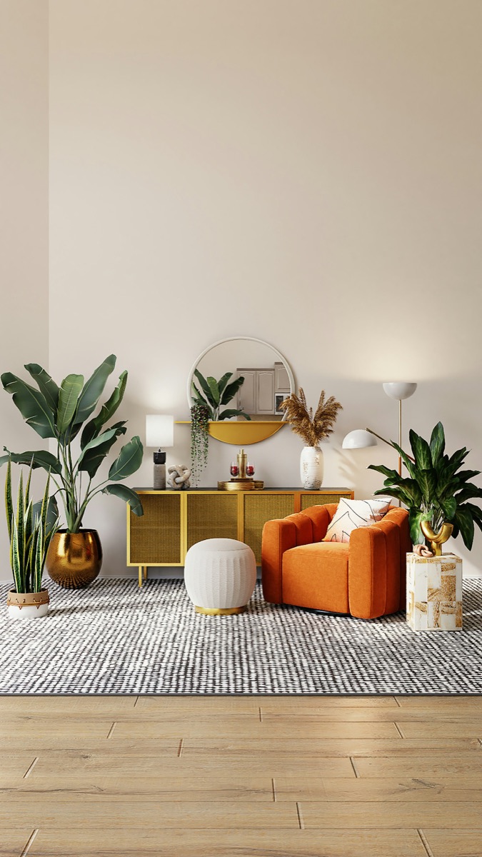 Thoughtfully styled interior with a round mirror and console